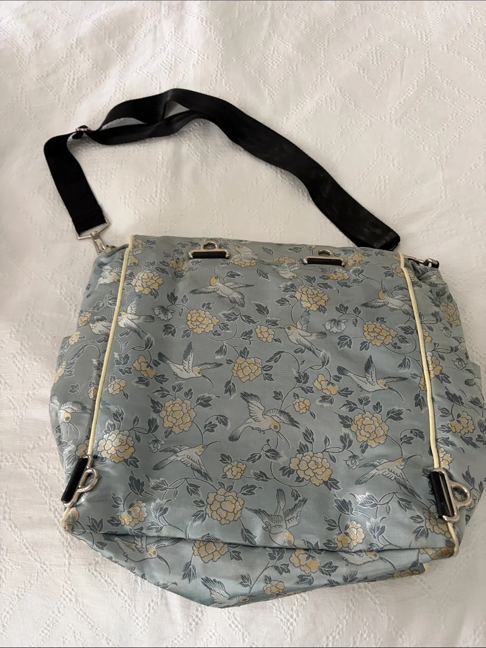 Petunia Pickle Bottom Blue Floral Crossbody Baby Bag with Black Strap